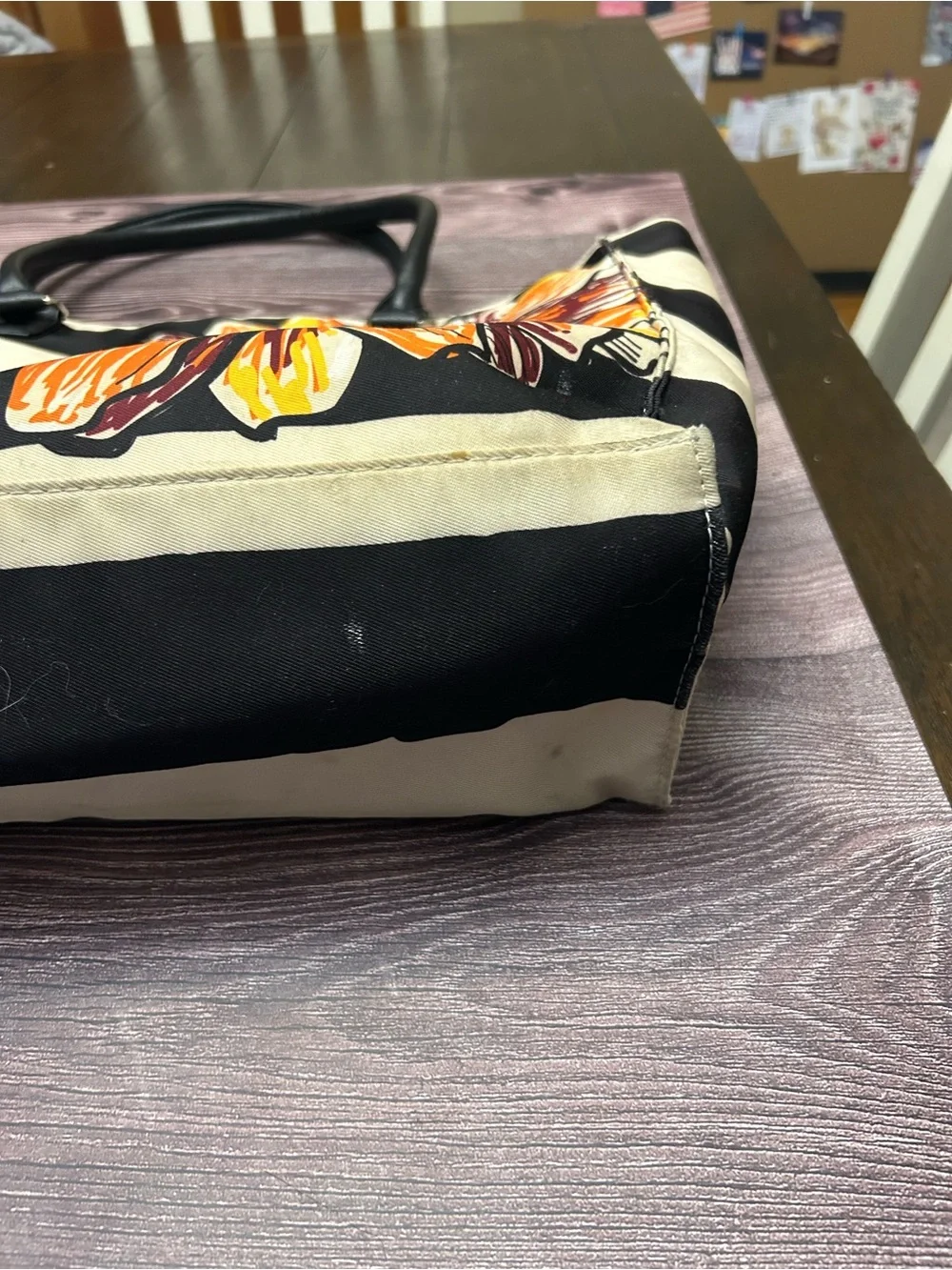 Source Unknown Black and Cream Striped Tote with Orange Floral Accent